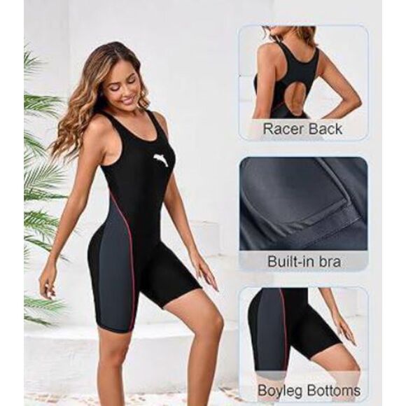 NEW Halcurt Black Dolphin One Piece Boyleg Swimsuit Small Keyhole Back NWT - Picture 2 of 7